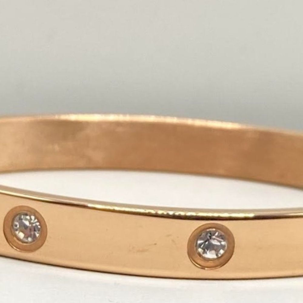 One Metal Bangle Bracelet with Crystal Studs - Rose Gold Finish